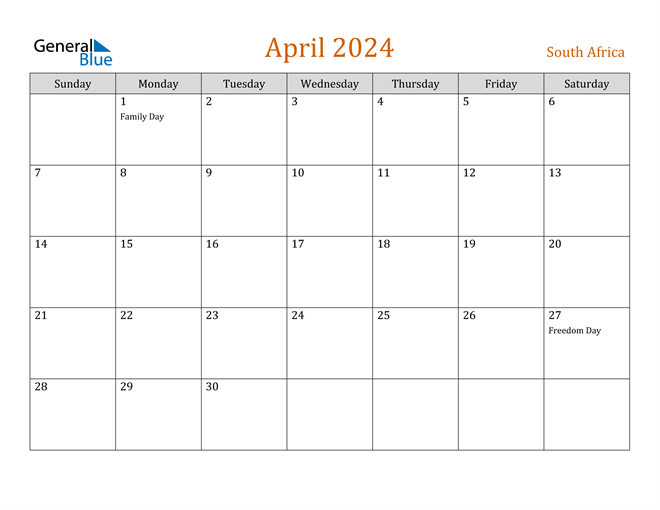 South Africa April 2024 Calendar with Holidays