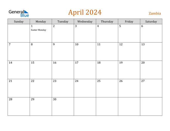 Zambia April 2024 Calendar with Holidays