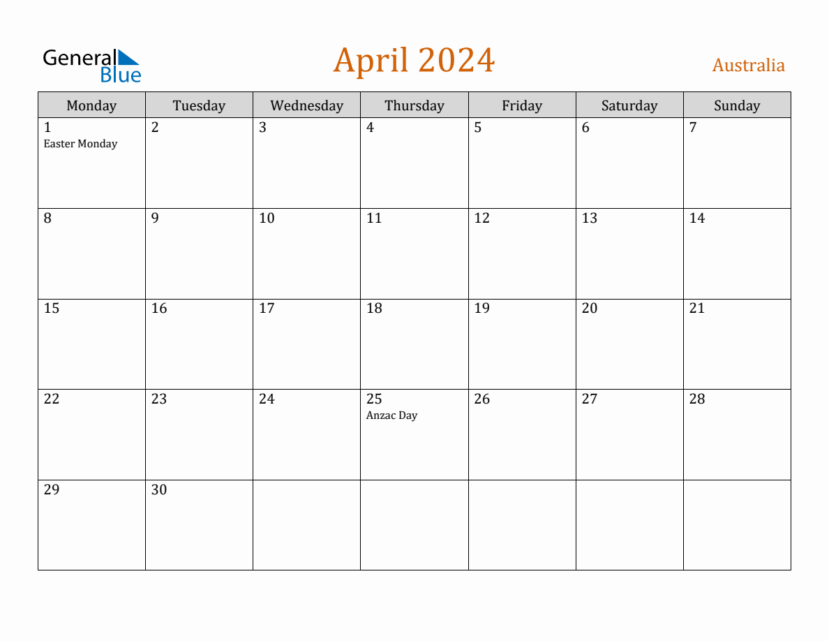 Free April 2024 Australia Calendar