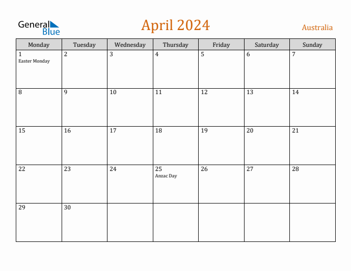 April 2024 Australia Monthly Calendar with Holidays