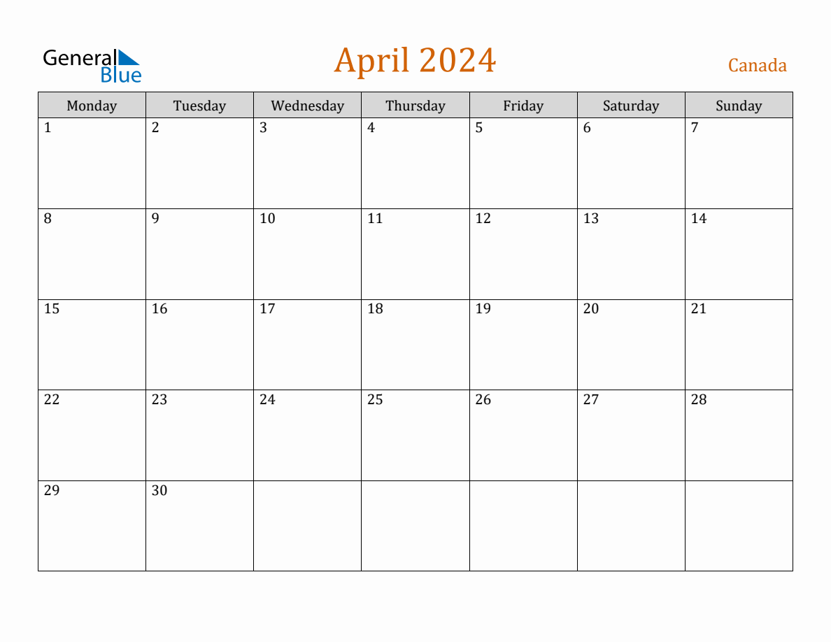 Free April 2024 Canada Calendar