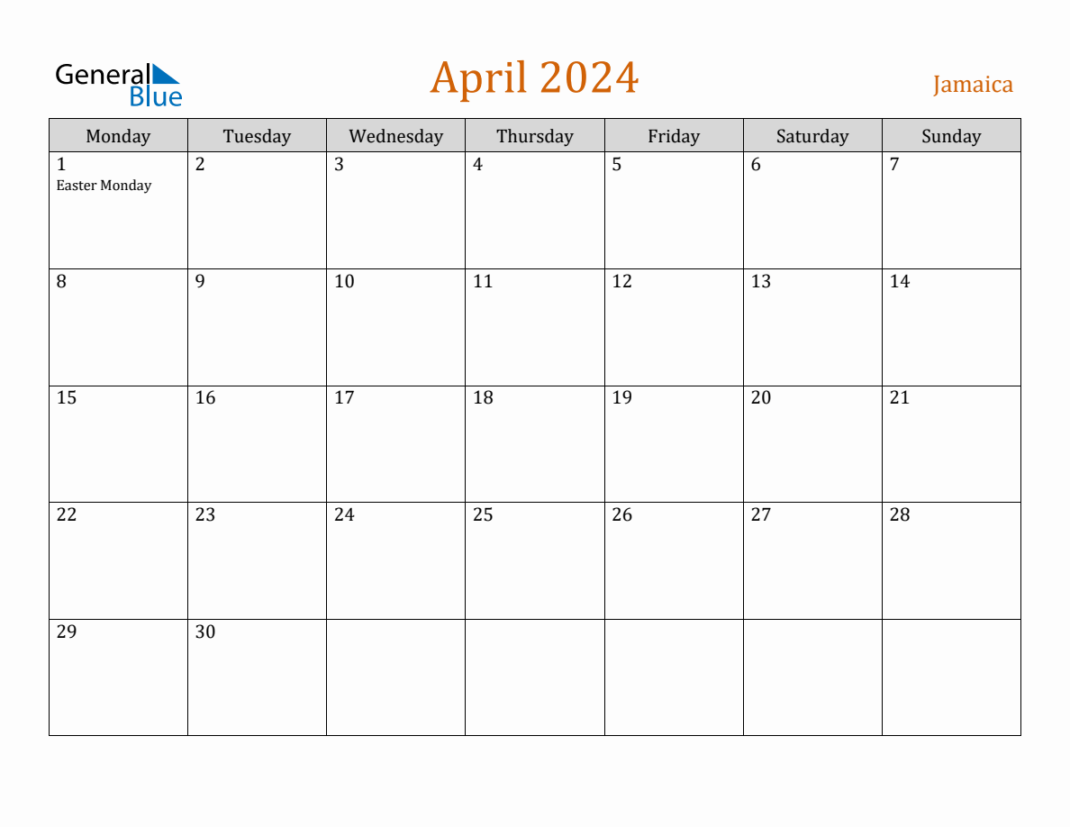 Free April 2024 Jamaica Calendar