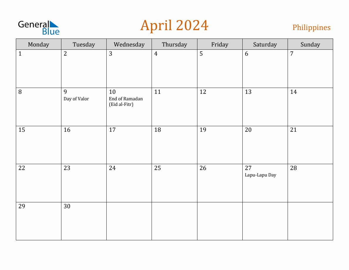 Free April 2024 Philippines Calendar