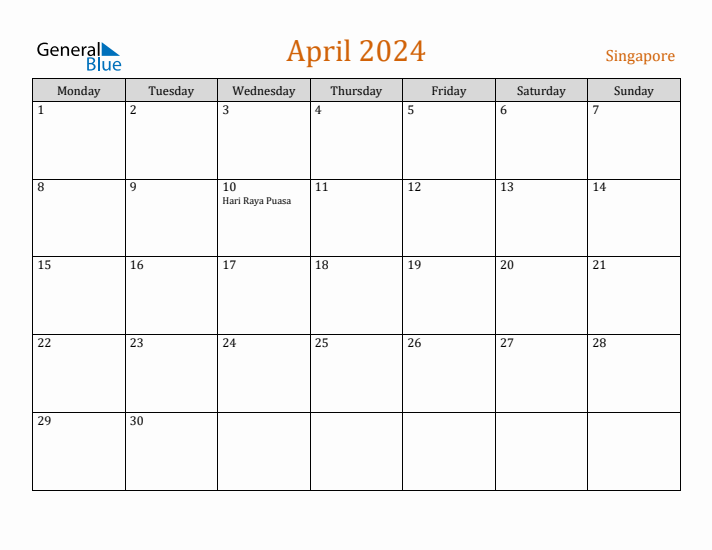 April 2024 Singapore Monthly Calendar with Holidays