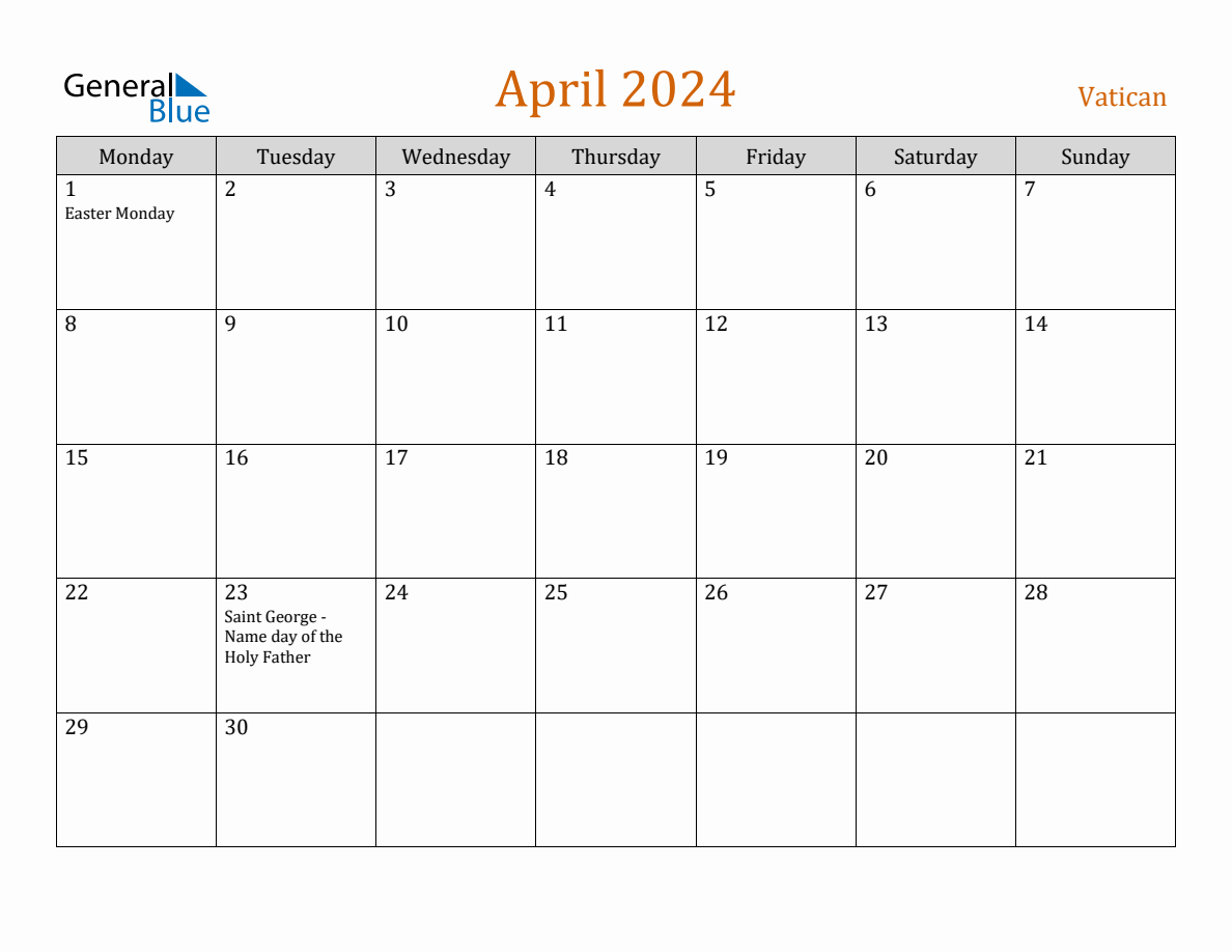 Free April 2024 Vatican Calendar