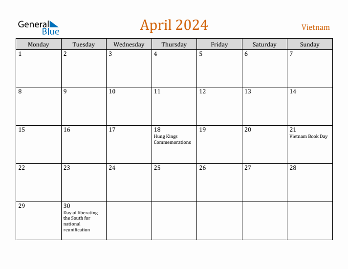 April 2024 Holiday Calendar with Monday Start
