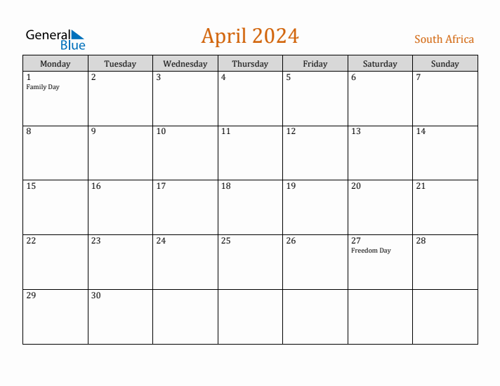 April 2024 South Africa Monthly Calendar with Holidays