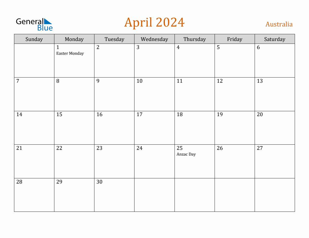 Free April 2024 Australia Calendar
