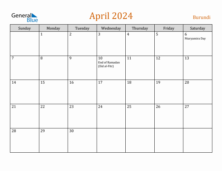 April 2024 Calendar with Burundi Holidays