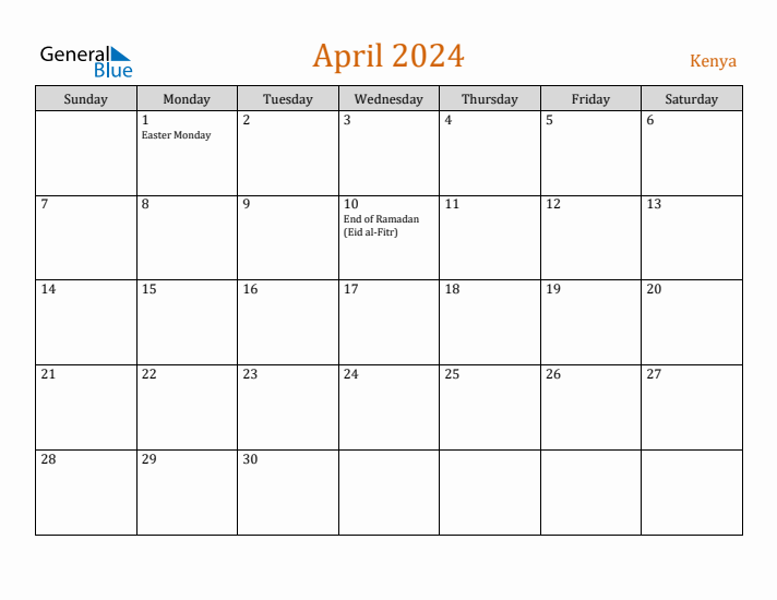 April 2024 Monthly Calendar with Kenya Holidays