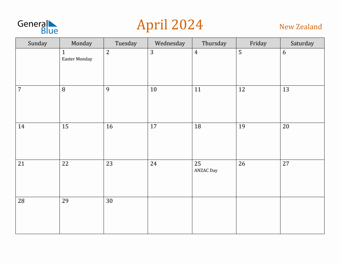 Free April 2024 New Zealand Calendar