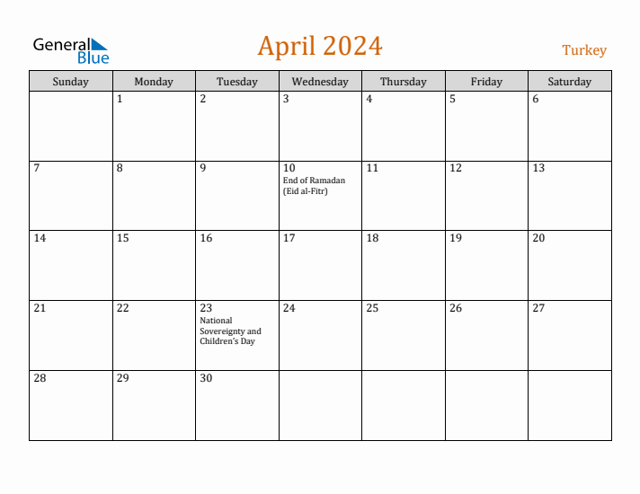 April 2024 Holiday Calendar with Sunday Start