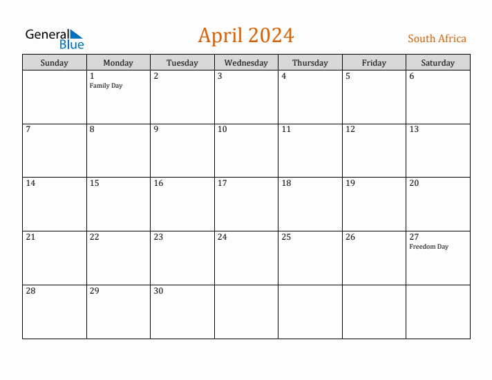 April 2024 Monthly Calendar with South Africa Holidays