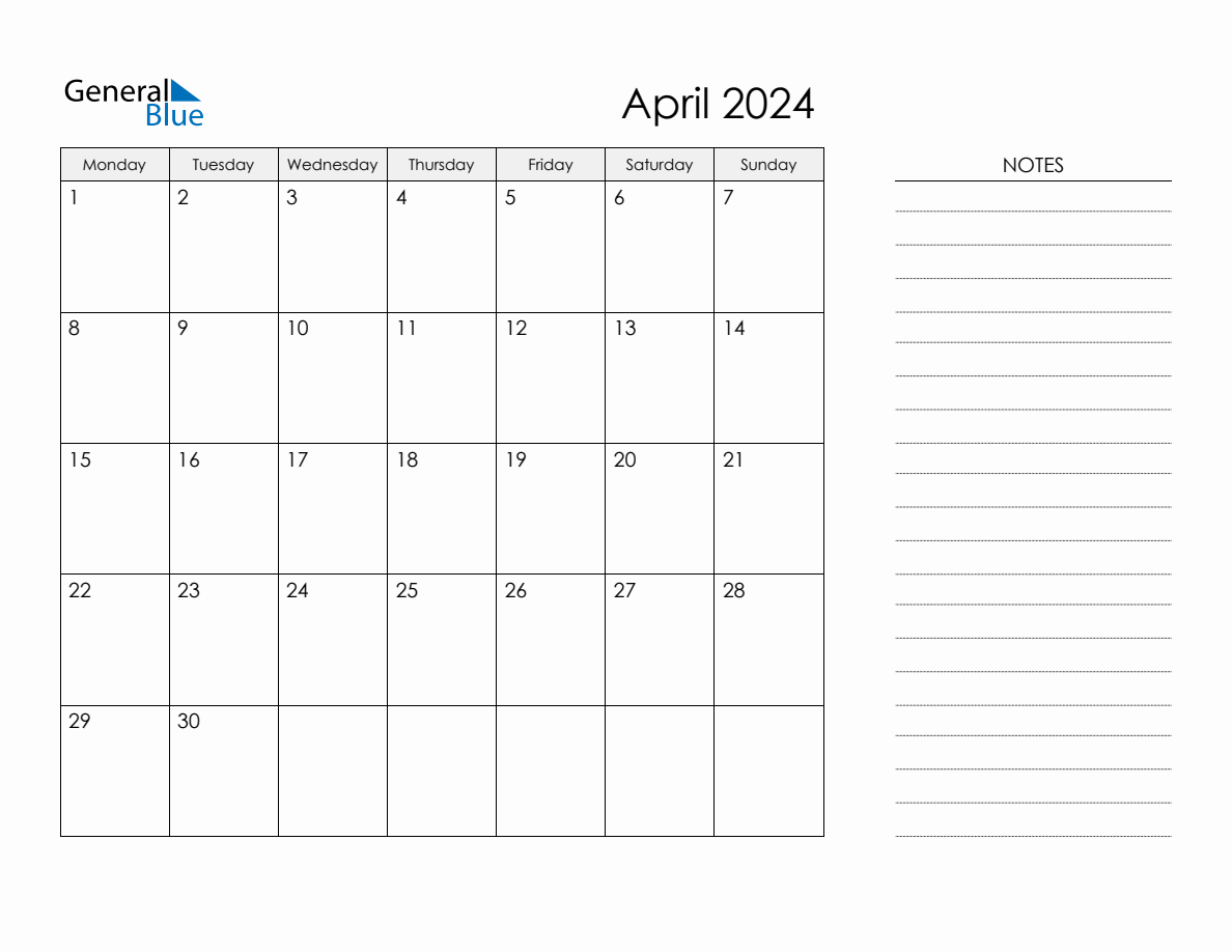 Printable Monthly Calendar with Notes April 2024