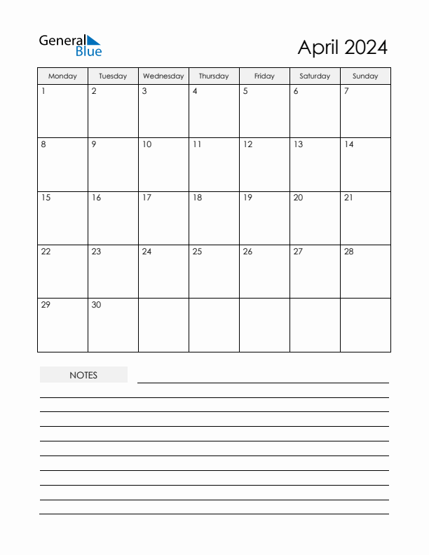Printable Calendar with Notes - April 2024 