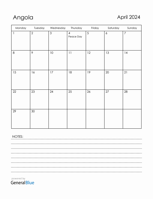April 2024 Angola Calendar with Holidays (Monday Start)