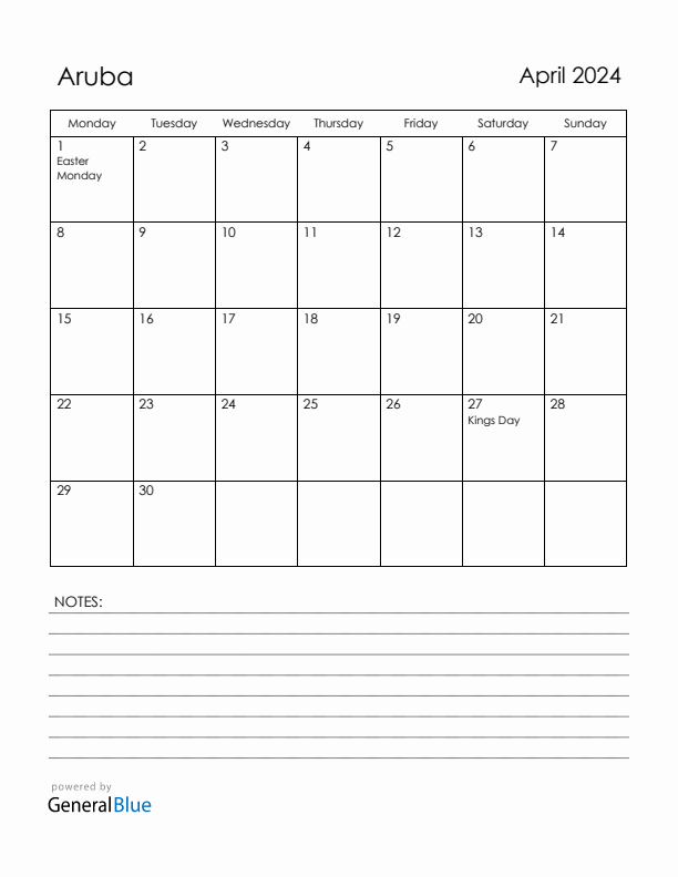 April 2024 Aruba Calendar with Holidays (Monday Start)