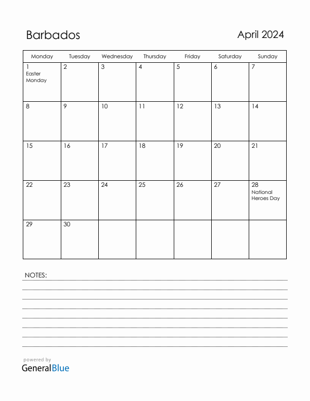 April 2024 Barbados Calendar with Holidays (Monday Start)