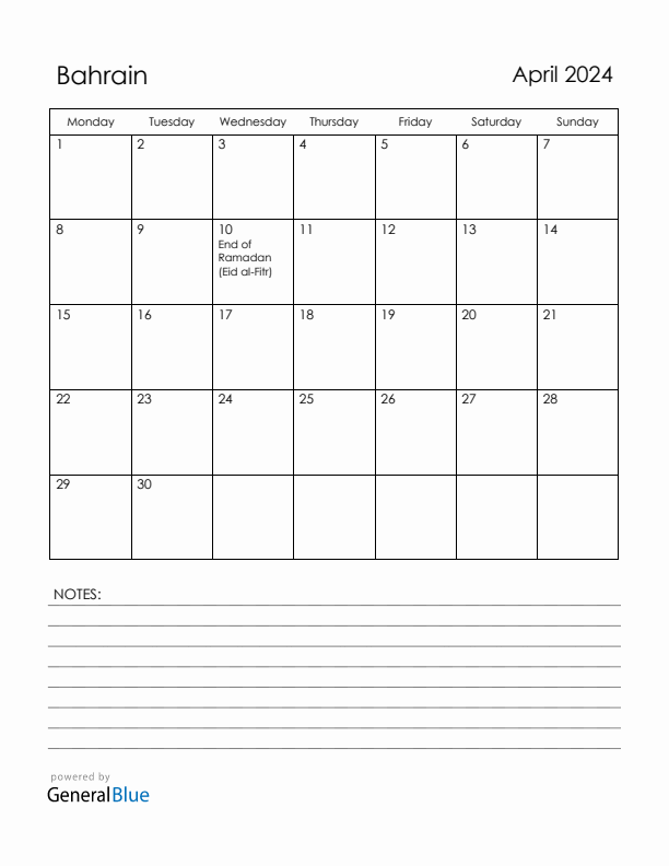 April 2024 Bahrain Calendar with Holidays (Monday Start)