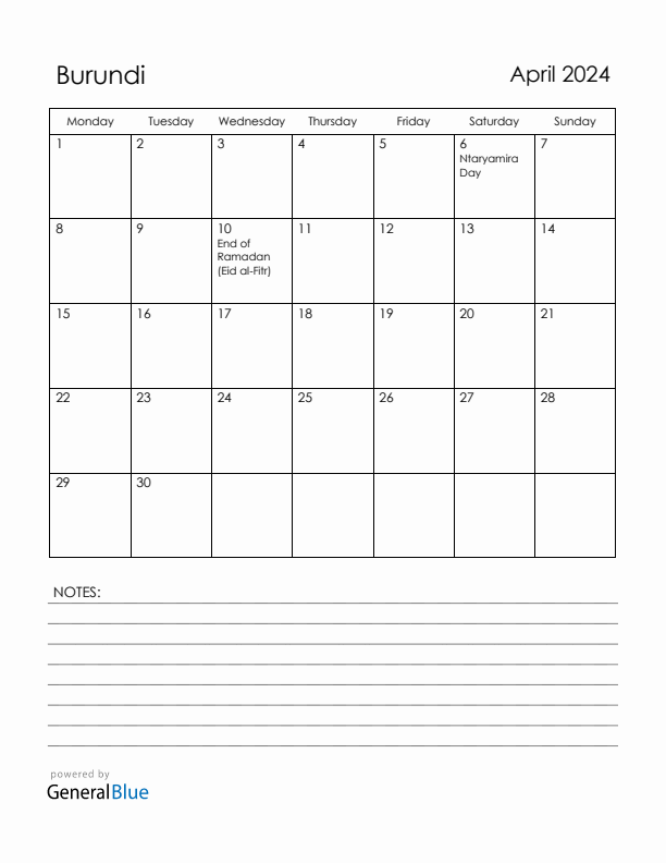 April 2024 Burundi Calendar with Holidays (Monday Start)