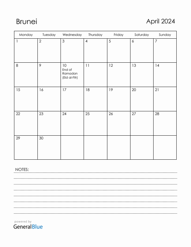 April 2024 Brunei Calendar with Holidays (Monday Start)