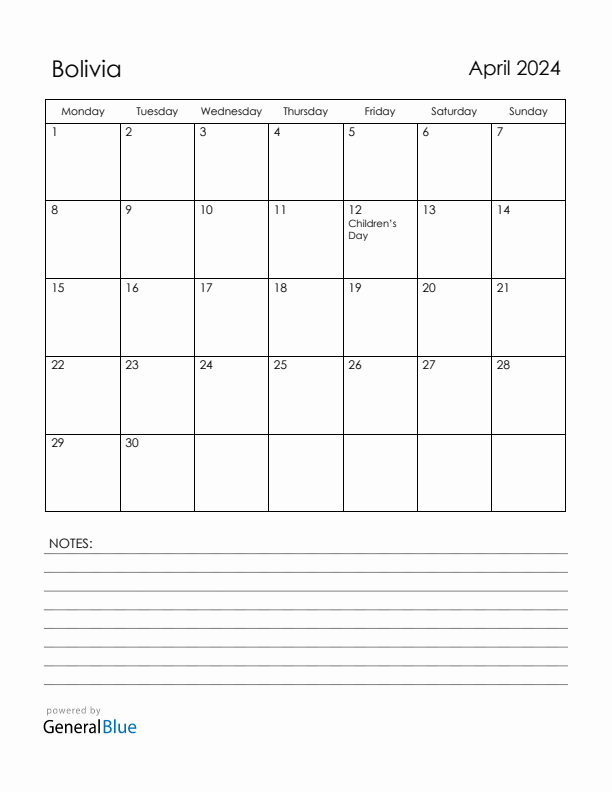 April 2024 Bolivia Calendar with Holidays (Monday Start)