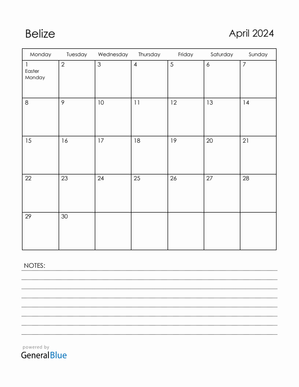 April 2024 Belize Calendar with Holidays (Monday Start)