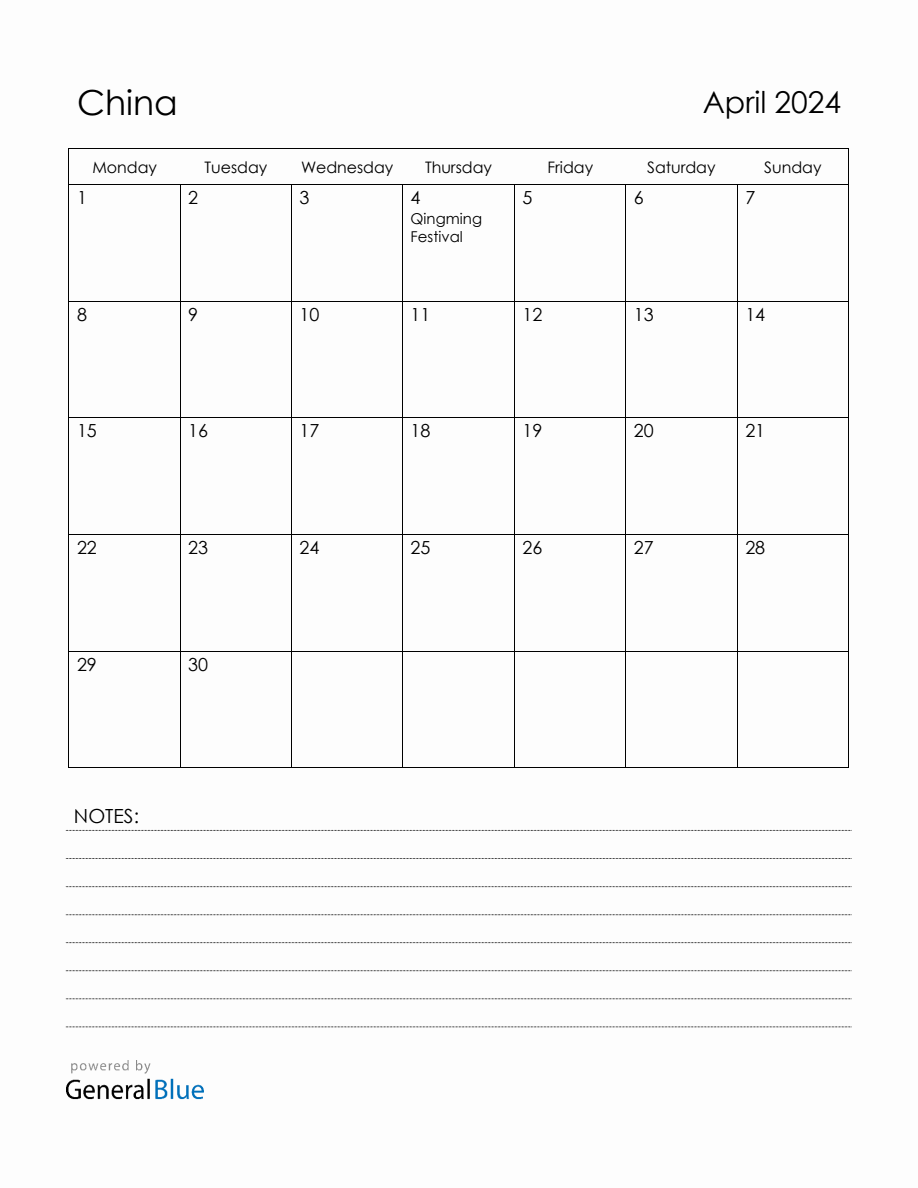 April 2024 China Calendar with Holidays
