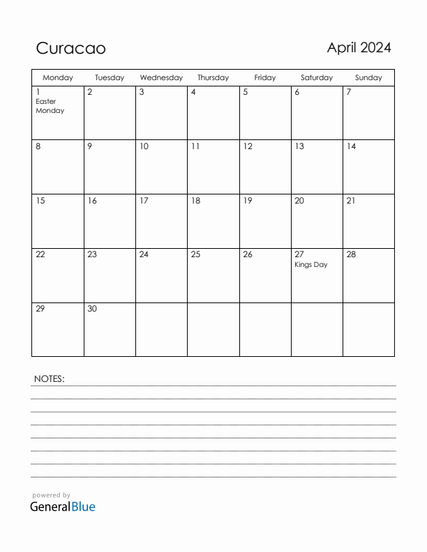 April 2024 Curacao Calendar with Holidays (Monday Start)