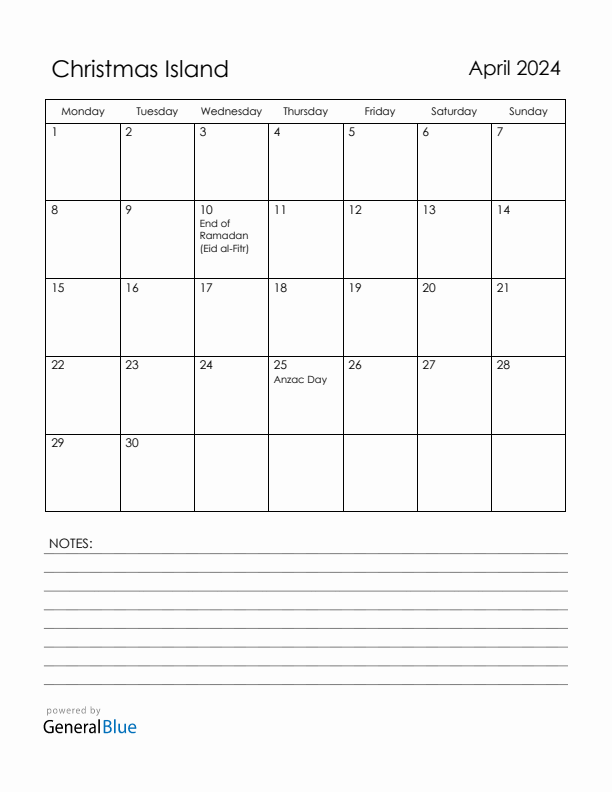 April 2024 Christmas Island Calendar with Holidays (Monday Start)