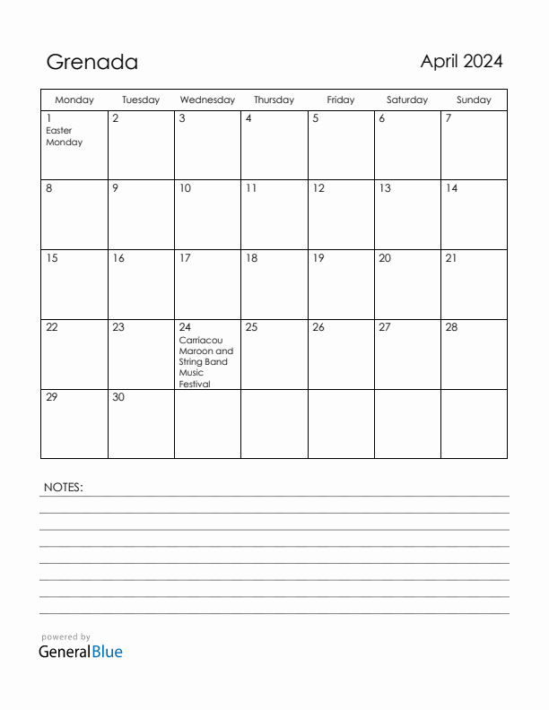 April 2024 Grenada Calendar with Holidays (Monday Start)