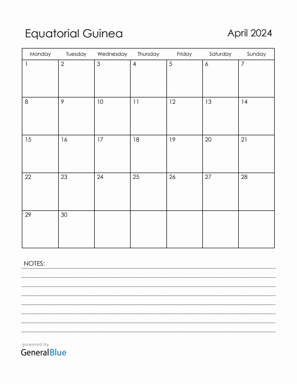 April 2024 Equatorial Guinea Calendar with Holidays (Monday Start)