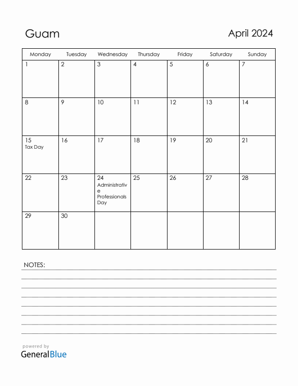 April 2024 Guam Calendar with Holidays (Monday Start)
