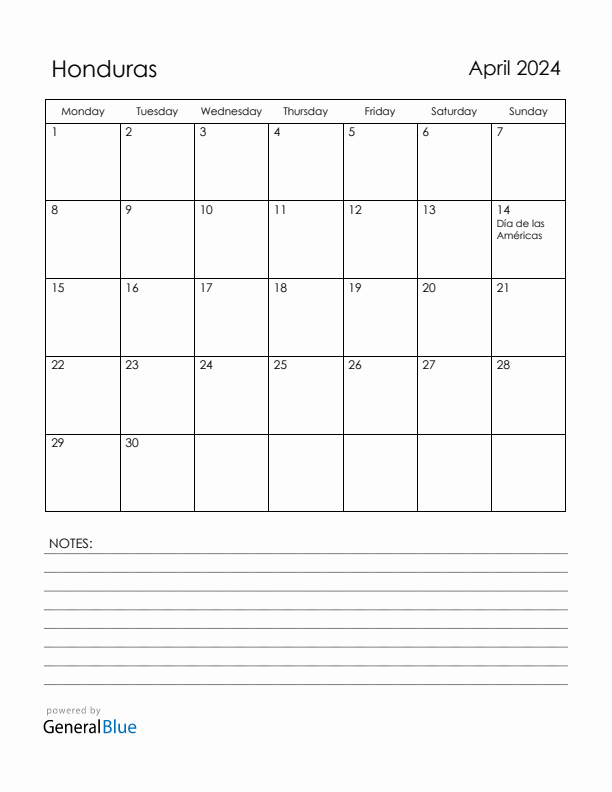 April 2024 Honduras Calendar with Holidays (Monday Start)