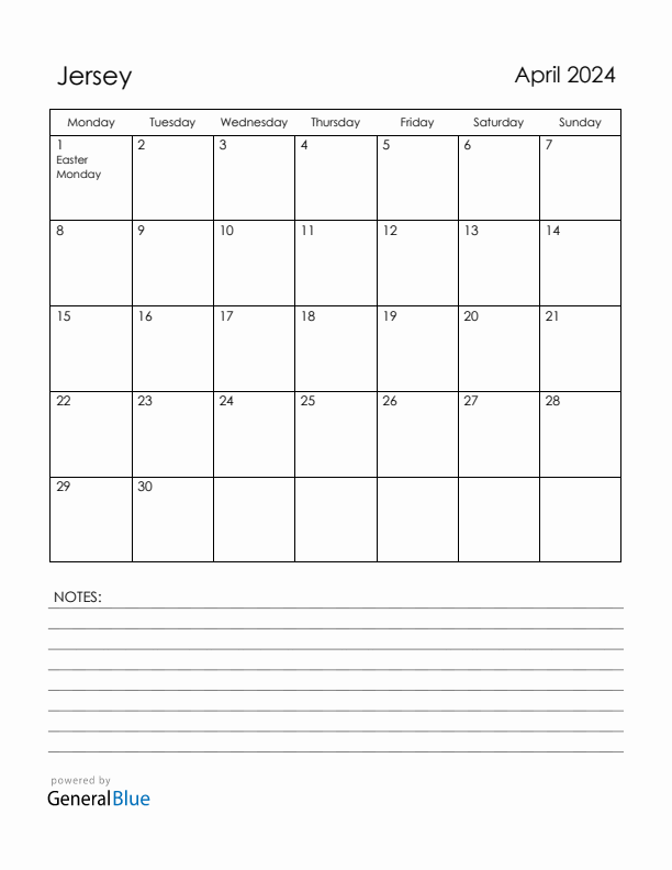 April 2024 Jersey Calendar with Holidays (Monday Start)