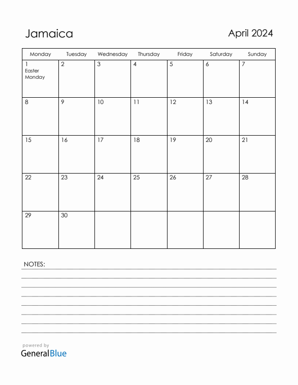 April 2024 Jamaica Calendar with Holidays (Monday Start)