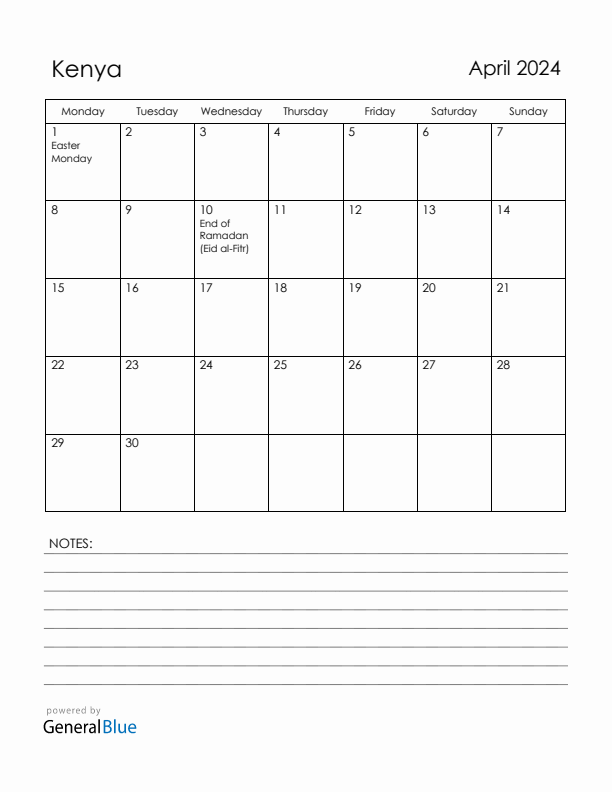 April 2024 Kenya Monthly Calendar with Holidays