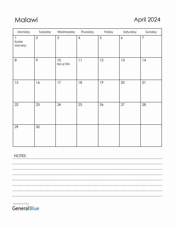 April 2024 Malawi Calendar with Holidays (Monday Start)