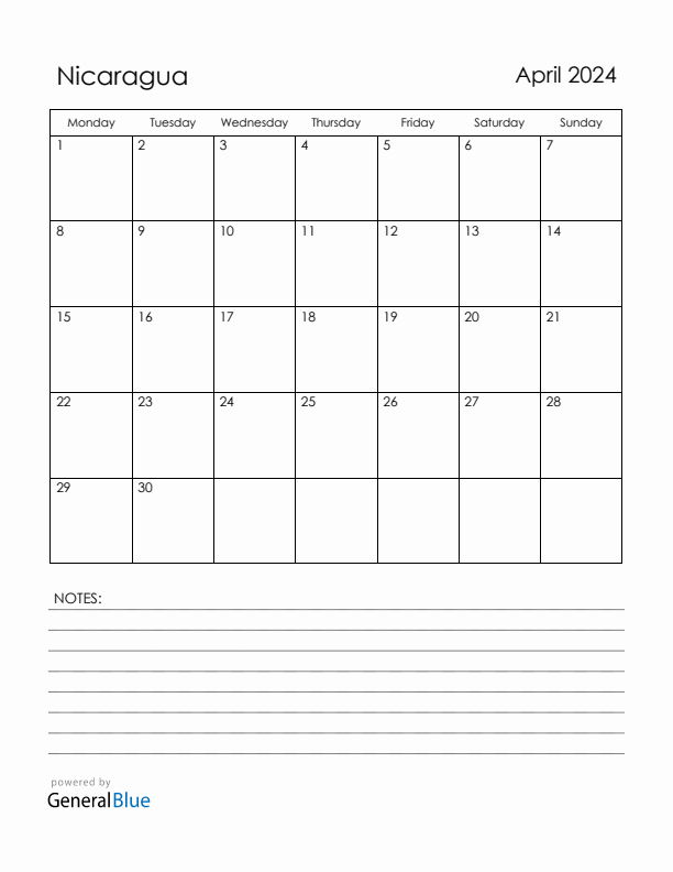 April 2024 Nicaragua Calendar with Holidays (Monday Start)