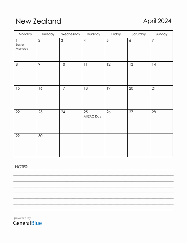 April 2024 New Zealand Calendar with Holidays (Monday Start)