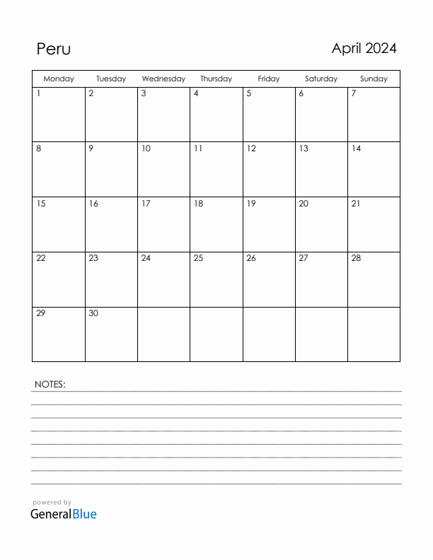 April 2024 Peru Calendar with Holidays (Monday Start)
