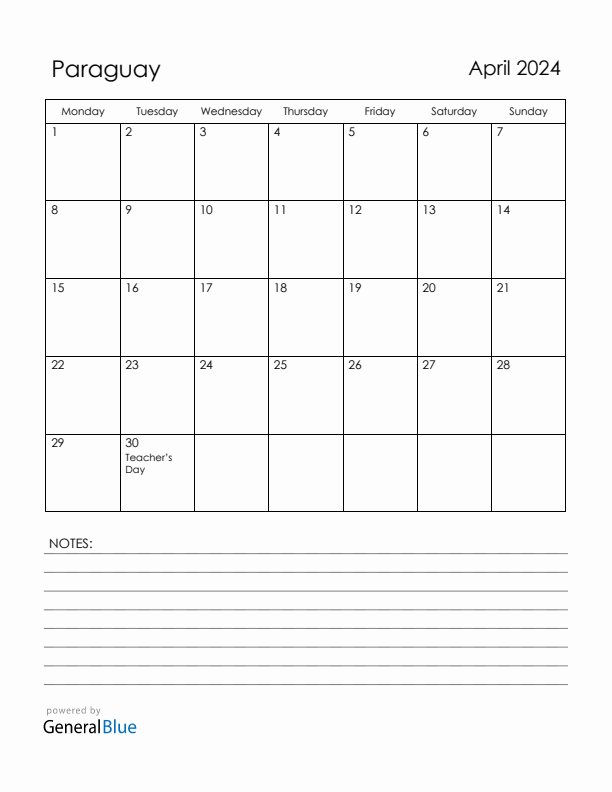 April 2024 Paraguay Calendar with Holidays (Monday Start)