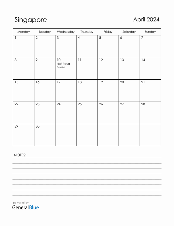 April 2024 Singapore Calendar with Holidays (Monday Start)