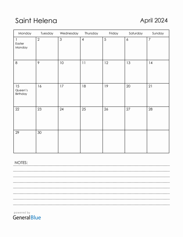 April 2024 Saint Helena Calendar with Holidays (Monday Start)