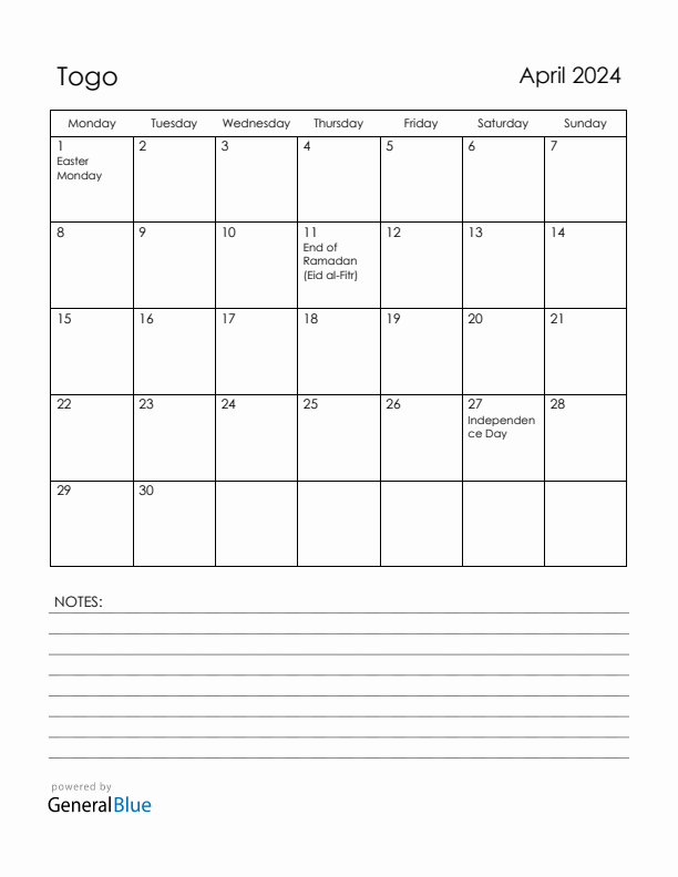 April 2024 Togo Calendar with Holidays (Monday Start)