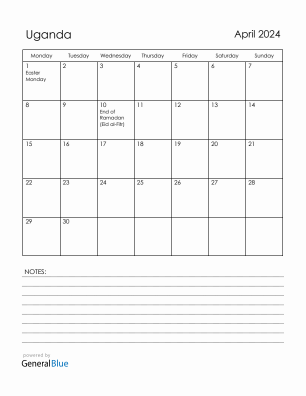 April 2024 Uganda Calendar with Holidays (Monday Start)