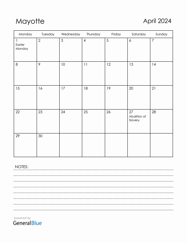 April 2024 Mayotte Calendar with Holidays (Monday Start)