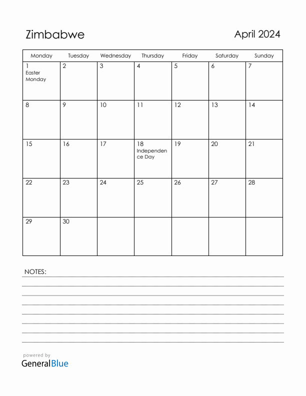 April 2024 Zimbabwe Calendar with Holidays (Monday Start)