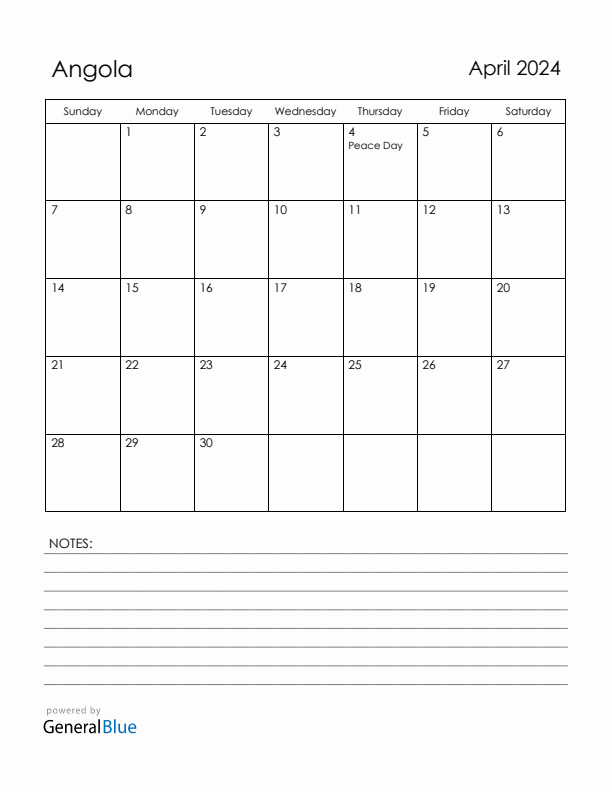 April 2024 Angola Calendar with Holidays (Sunday Start)