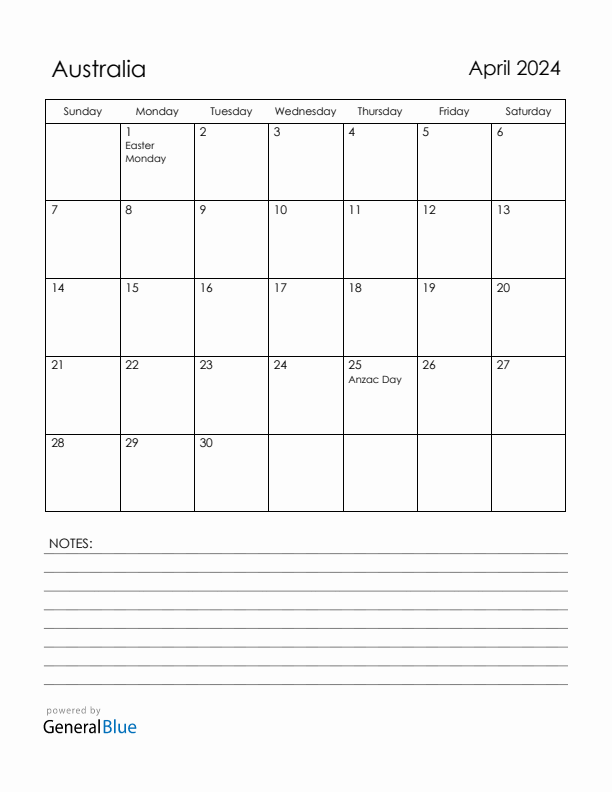 April 2024 Australia Calendar with Holidays (Sunday Start)